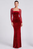 Velvet Mermaid Dark Green Square Neck Long Sleeve Formal Dress