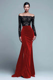 Red Off The Shoulder Mermaid Velvet Formal Dress with Slit