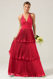 Dusty Rose A-Line Halter Tiered Floor Length Chiffon Long Bridesmaid Dress