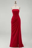 Light Pink Strapless Ruched Sheath Long Prom Dress with Slit