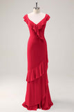 Dusty Sage Sheath V Neck Open Back Chiffon Long Bridesmaid Dress with Ruffles
