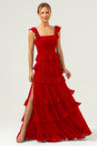 Dark Navy A-Line Square Neck Tiered Long Bridesmaid Dress