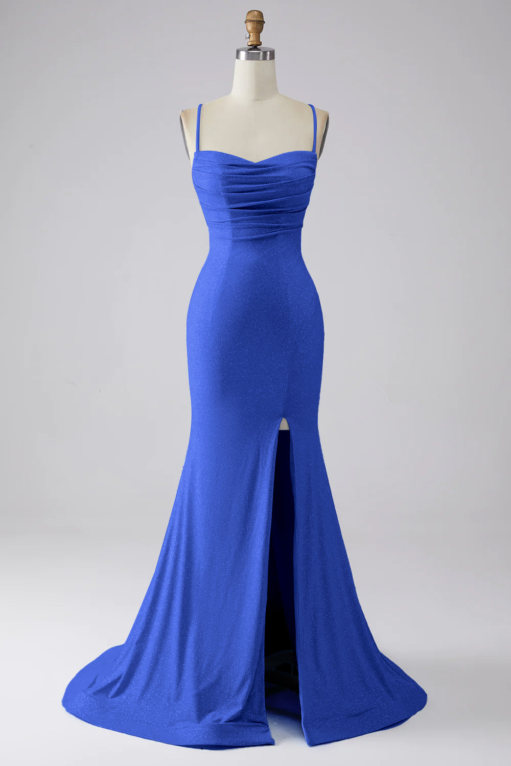 Wedtrend Women Sparkly Mermaid Prom Dress with Slit Light Blue Spaghetti Straps Party Dress with Pleated, Royal Blue / US16W