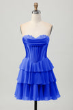 Tiered Strapless A Line Corset Blue Homecoming Dress