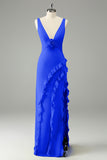 Lime Sheath V Neck Floral Open Back Bridesmaid Dress with Ruffle Slit