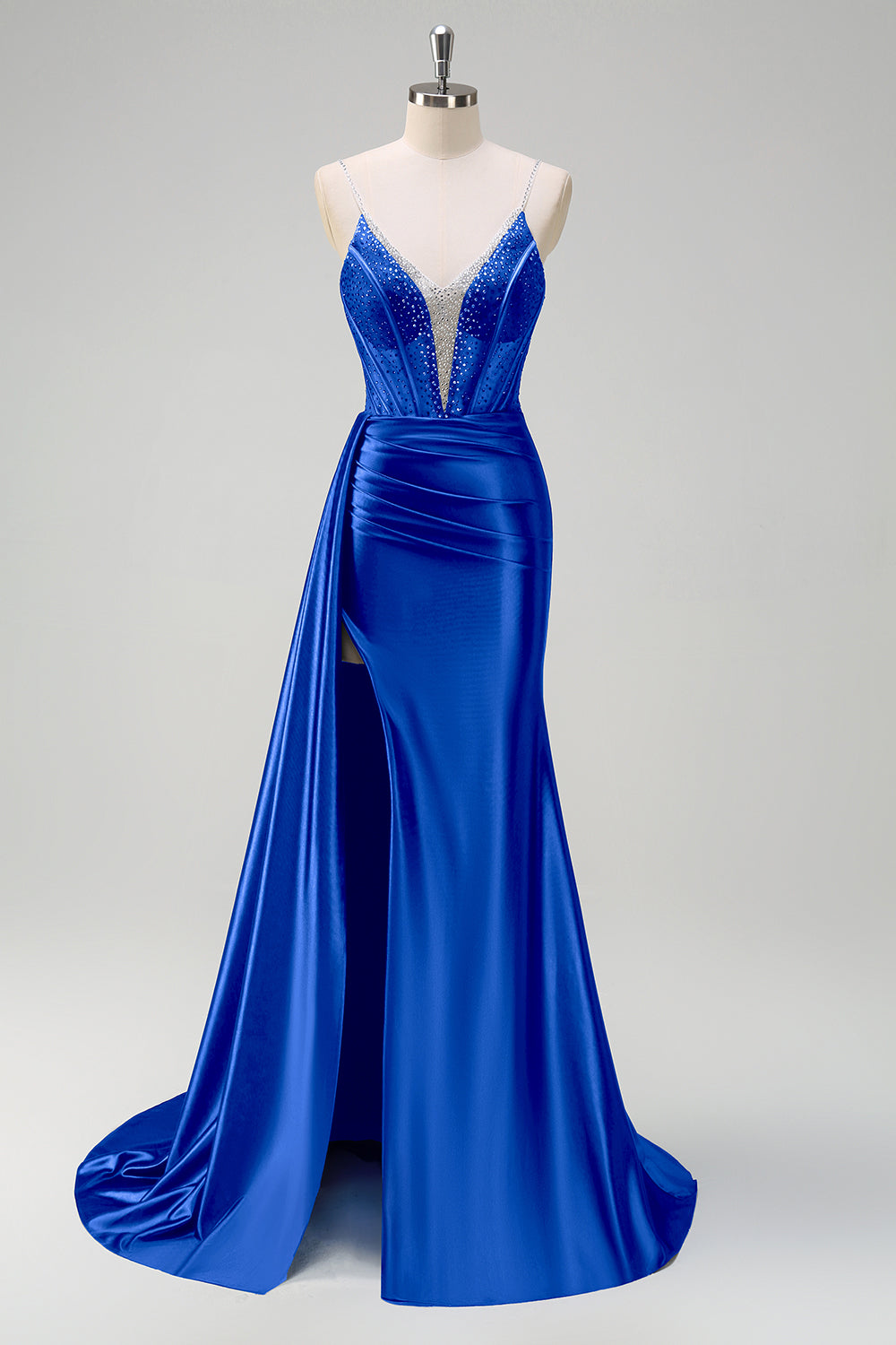 WEDTREND Women Navy Prom Dress With Slit Mermaid Watteau Train Spaghetti Straps Deep V-Neck Corset Beaded Pleated Long Evening Dress WEDTREND Women Navy Prom Dress With Slit Mermaid Watteau Train Spaghetti Straps Deep V-Neck Corset Beaded Pleated Long Evening Dress