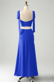 Fuchsia A Line Spaghetti Straps Floor Length Bridesmaid Dress with Slit