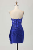 Dark Navy Strapless Sequins Tight Short Homecoming Dress with Side Cape