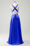 Burgundy A Line Deep V Neck Backless Long Bridesmaid Dress with Slit