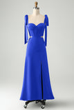 Fuchsia A Line Spaghetti Straps Floor Length Bridesmaid Dress with Slit