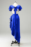 Elegant Dusty Sage A Line V Neck Short Sleeves Asymmetrical Bridesmaid Dress with Ruffles
