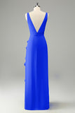 Lime Sheath V Neck Floral Open Back Bridesmaid Dress with Ruffle Slit