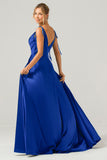 A-Line Spaghetti Straps Pleated Satin Long Royal Blue Bridesmaid Dress With Slit