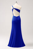 Elegant Mermaid One Shoulder Pleated Backless Bridesmaid Dress with Slit