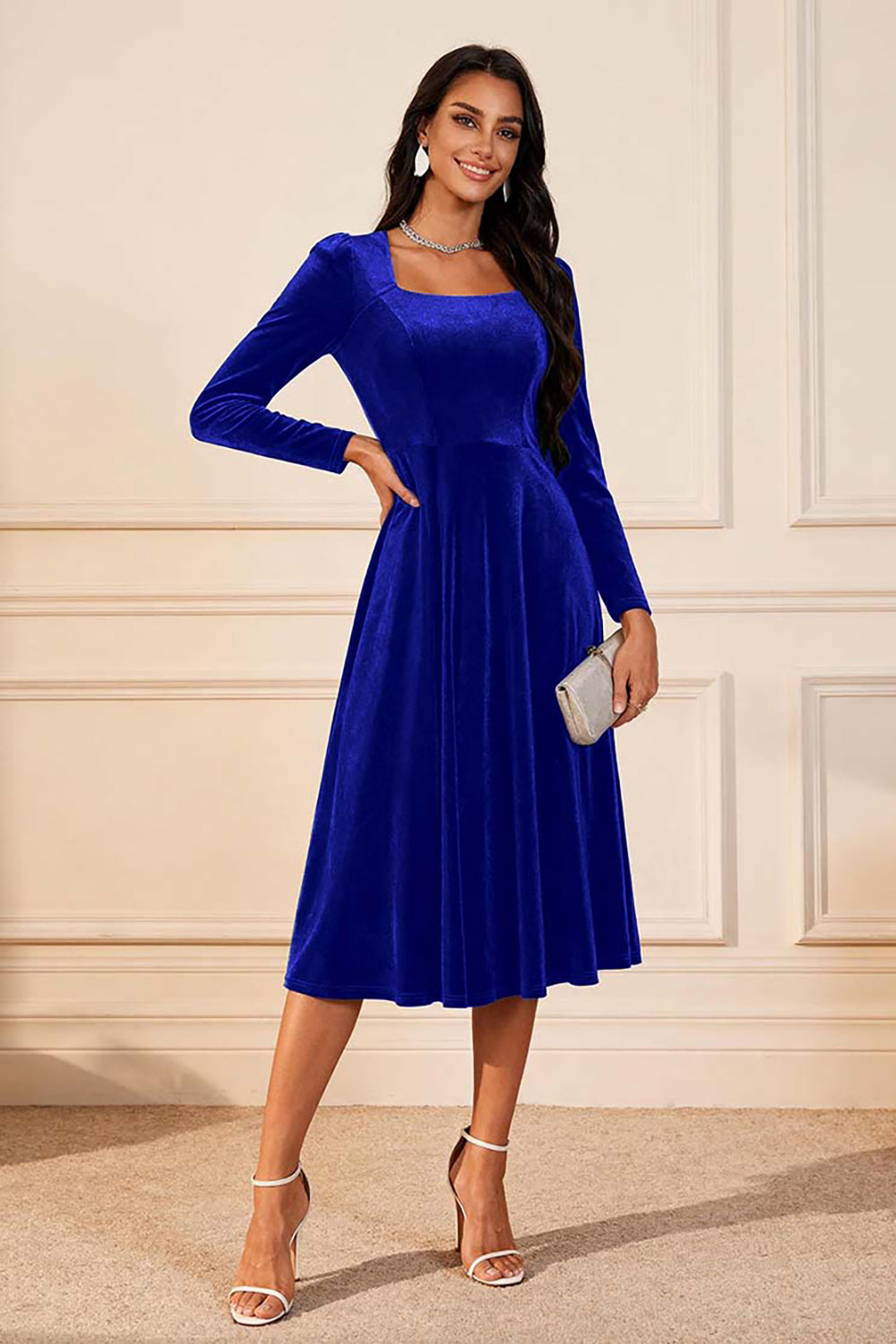 WEDTREND Women Dark Green Holiday Party Dress A Line Velvet Square Neck Formal Dress with Long Sleeves WEDTREND Women Dark Green Holiday Party Dress A Line Velvet Square Neck Formal Dress with Long Sleeves