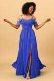 A Line Spaghetti Straps Long Chiffon Bridesmaid Dress With Slit