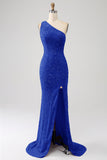 Fuchsia Mermaid One Shoulder Sparkly Sequins Prom Dress with Slit