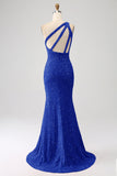 Fuchsia Mermaid One Shoulder Sparkly Sequins Prom Dress with Slit