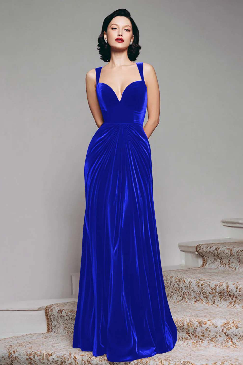 WEDTREND Women Black Velvet Holiday Party Dress A Line Thick Straps Ruched Maxi Formal Dress, Royal Blue / US14