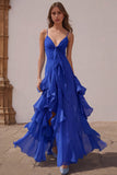 Dusty Blue Spaghetti Straps Chiffon A-Line Ruffled Bridesmaid Dress