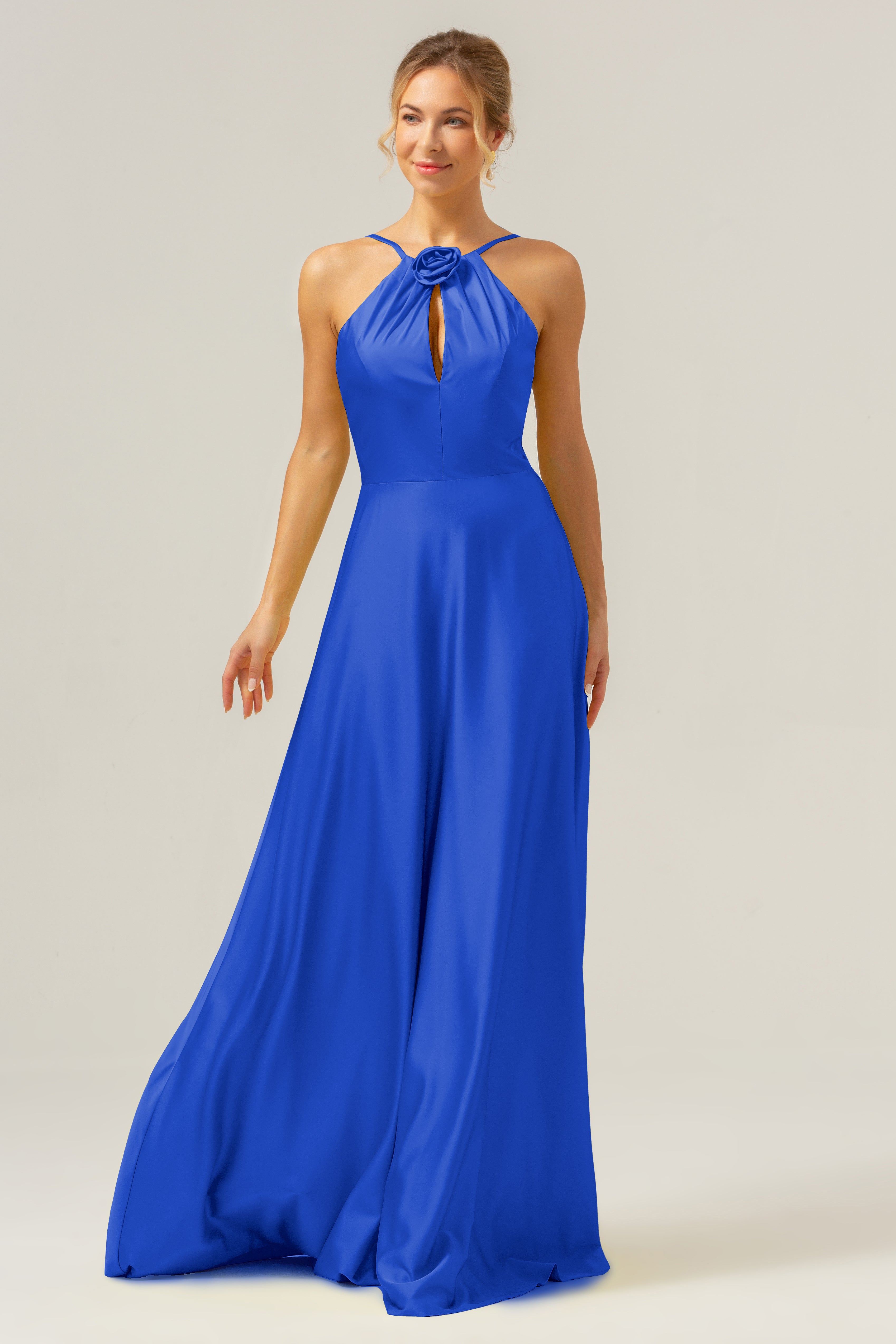 Wedtrend Women Bridesmaid Dress with Flower A Line Halter Ruched Satin Open Back Long Wedding Party Dress WEDTREND Wedtrend Women Bridesmaid Dress with Flower A Line Halter Ruched Satin Open Back Long Wedding Party Dress WEDTREND