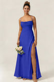 Green Flower A Line Spaghetti Straps Chiffon Long Bridesmaid Dress with Slit