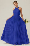 Dusty Sage A Line Halter Pleated Long Bridesmaid Dress