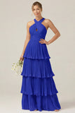 Lilac Halter Keyhole A Line Tiered Ruffle Pleated Bridesmaid Dress