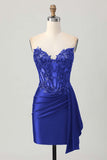 Dark Navy Strapless Sequins Tight Short Homecoming Dress with Side Cape