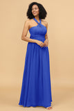 A Line One Shoulder V Neck Halter Neck Floor Length Grey Blue Bridesmaid Dress