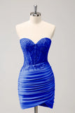 Glitter Fuchsia Tight Sweetheart Corset Short Pleated Homecoming Dress with Beading
