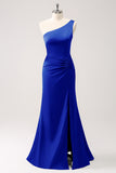 Elegant Mermaid One Shoulder Pleated Backless Bridesmaid Dress with Slit