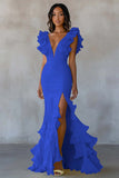 Daffodil Mermaid V Neck Ruffle Long Formal Dress With Slit