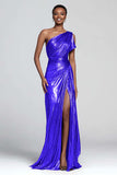 Brown One Shoulder Metallic Sheath Long Prom Dress with Slit