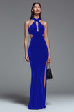 Dark Green Halter Cut Out Mermaid Velvet Formal Dress with Slit