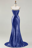 Metallic Fuchsia Strapless Beaded Mermaid Corset Long Prom Dress