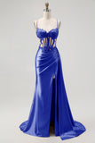 Champagne Mermaid Corset Streamer Beaded Ruched Long Prom Dress with Slit
