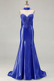 Blue Mermaid Corset Sweetheart Convertible Satin Long Prom Dress with Streamer