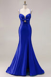 Mermaid Fuchsia Satin Cut Out Ruched Long Prom Dress with Slit