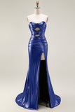 Metallic Fuchsia Strapless Mermaid Cut Out Lace Up Back Long Prom Dress with Slit