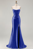 Dark Green Beaded Corset Strapless Mermaid Long Prom Dress with Slit