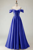 Off the Shoulder Purple A Line Beaded Corset Long Prom Dress with Slit