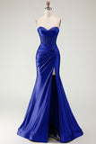 Burgundy Mermaid Sweetheart Corset Beaded Ruched Long Prom Dress with Slit