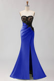 Black Green Strapless Mermaid Lace Appliqued Ruched Long Prom Dress with Slit