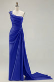 One Shoulder Green Sheath Ruched Long Prom Dress with Slit