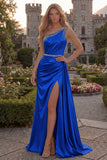 One Shoulder Light Blue A Line Ruched Prom Dress with Slit