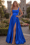 Blush Satin A Line Square Neck Pearl Prom Dress with Slit