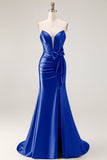 Navy Mermaid Strapless Corset Beaded Satin Long Prom Dress with Bow