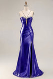 Metallic Golden Mermaid Corset Rhinestone Pleated Long Prom Dress with Slit