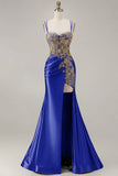 Black Mermaid Embroidered Beaded Lace Up Back Long Prom Dress with Slit